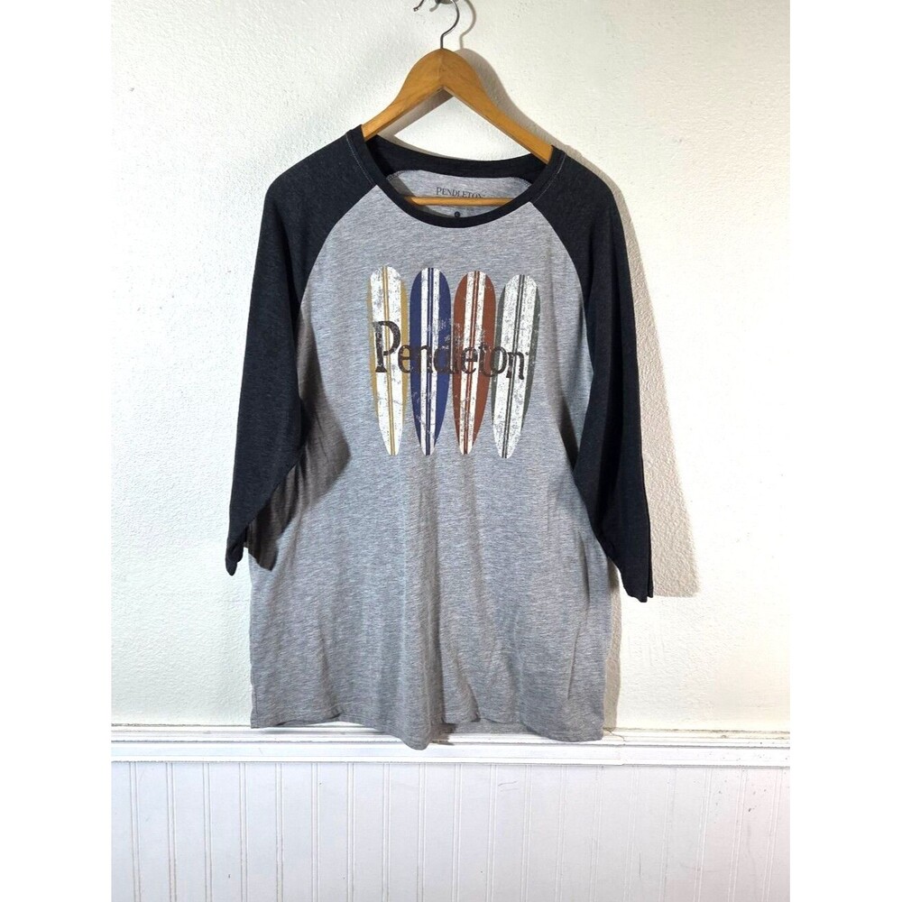 Pendleton Surfboard Graphic Raglan T Shirt Mens L Gray 3/4 Sleeve Logo Tee